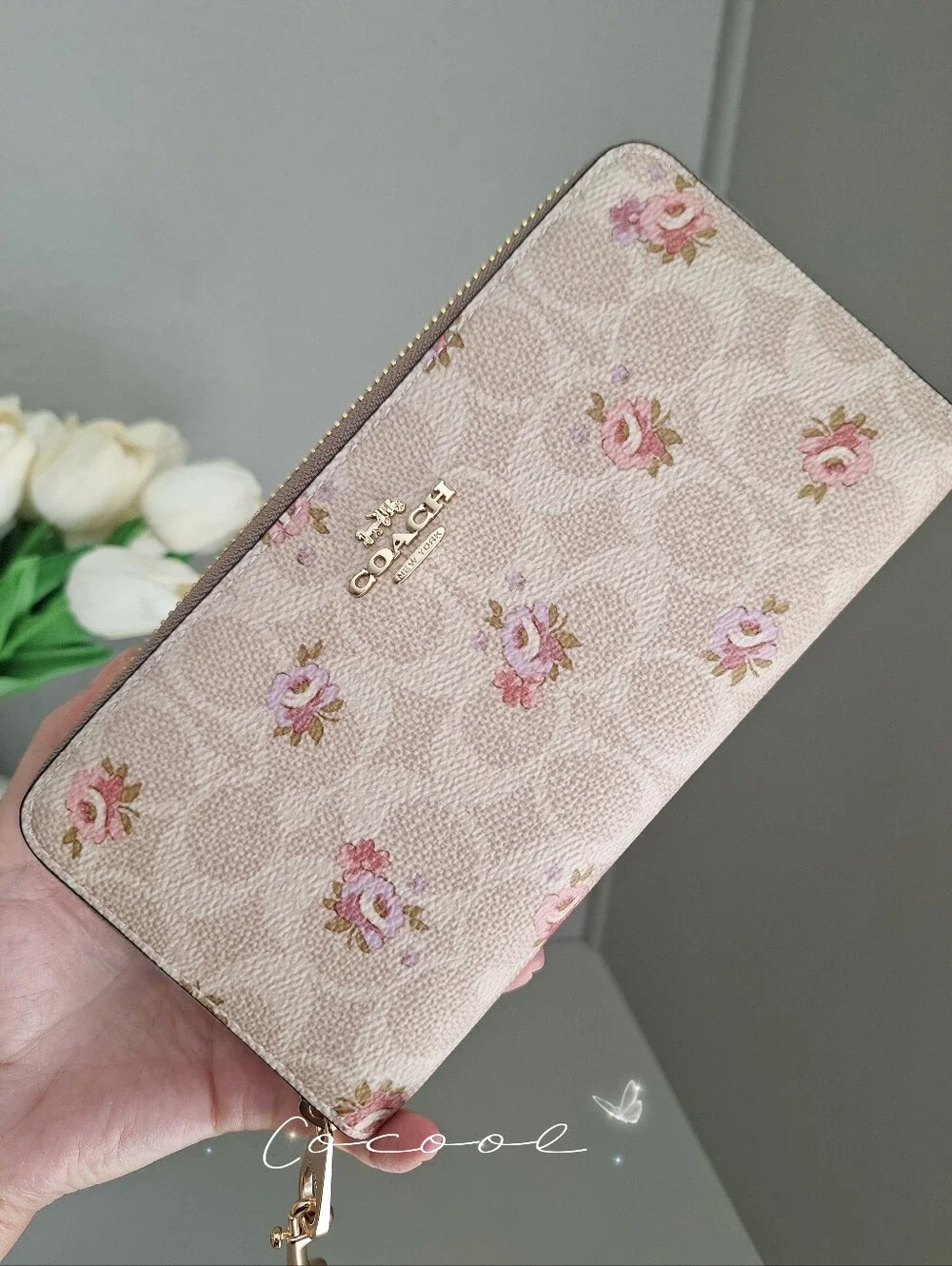 NWT Coach CAR06 Long Zip Around Wallet Signature Canvas Floral Gold/Sand Multi